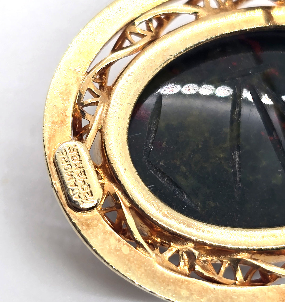 Catamore carved Scarab Egyptian Revival 12k gold filled Bloodstone brooch