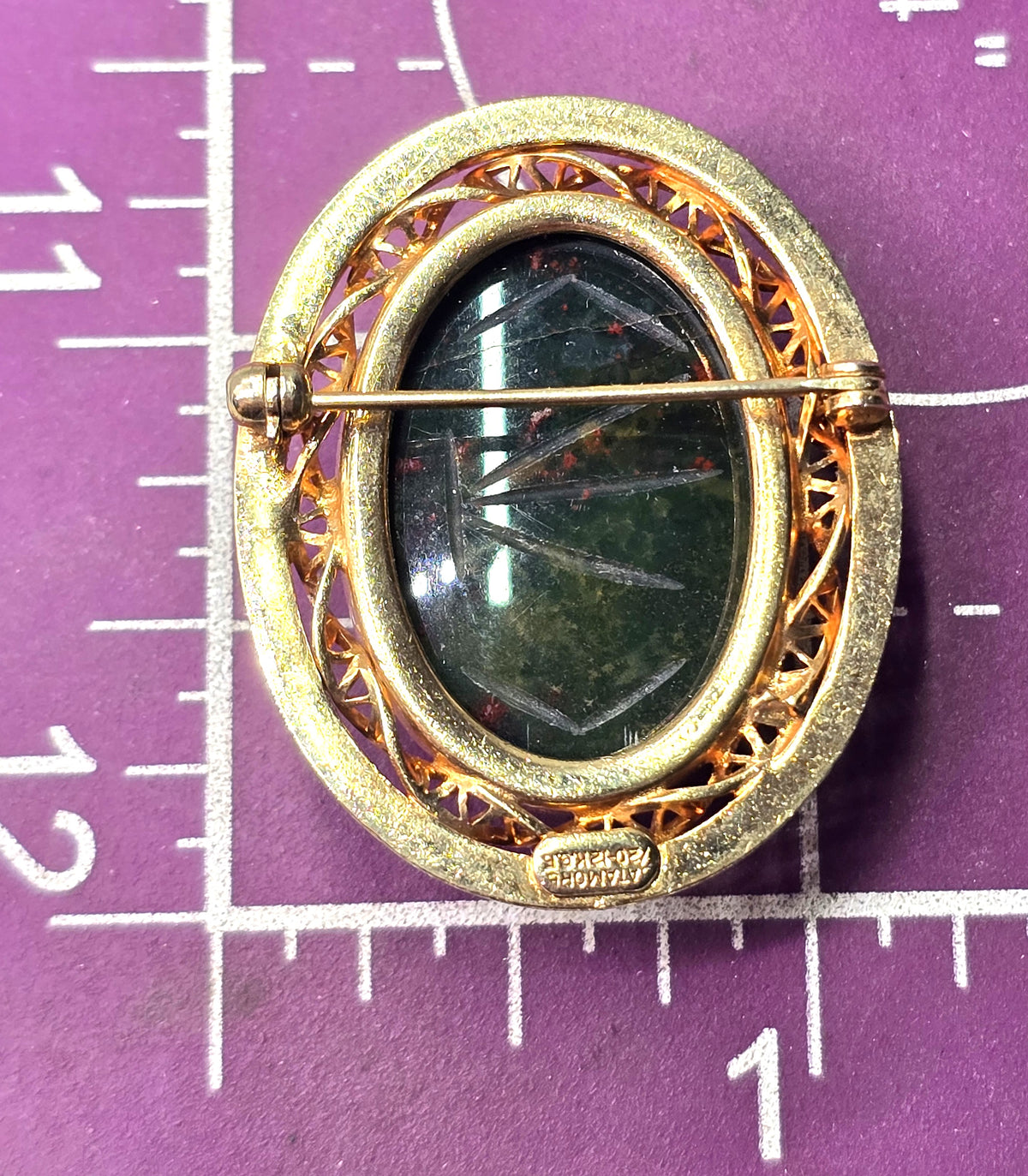 Catamore carved Scarab Egyptian Revival 12k gold filled Bloodstone brooch