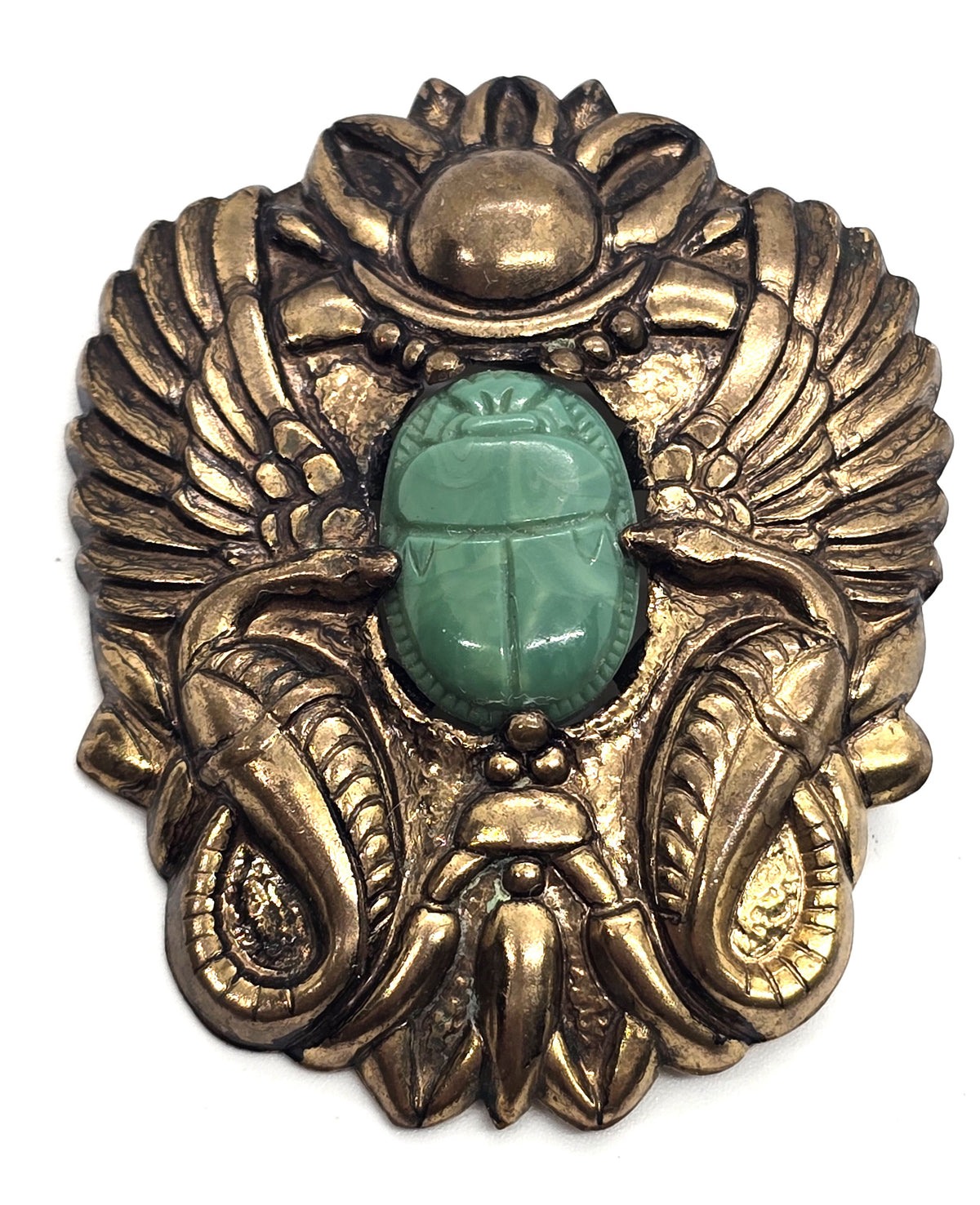 Art Deco Egyptian Revival Green vintage scarab pressed brass brooch