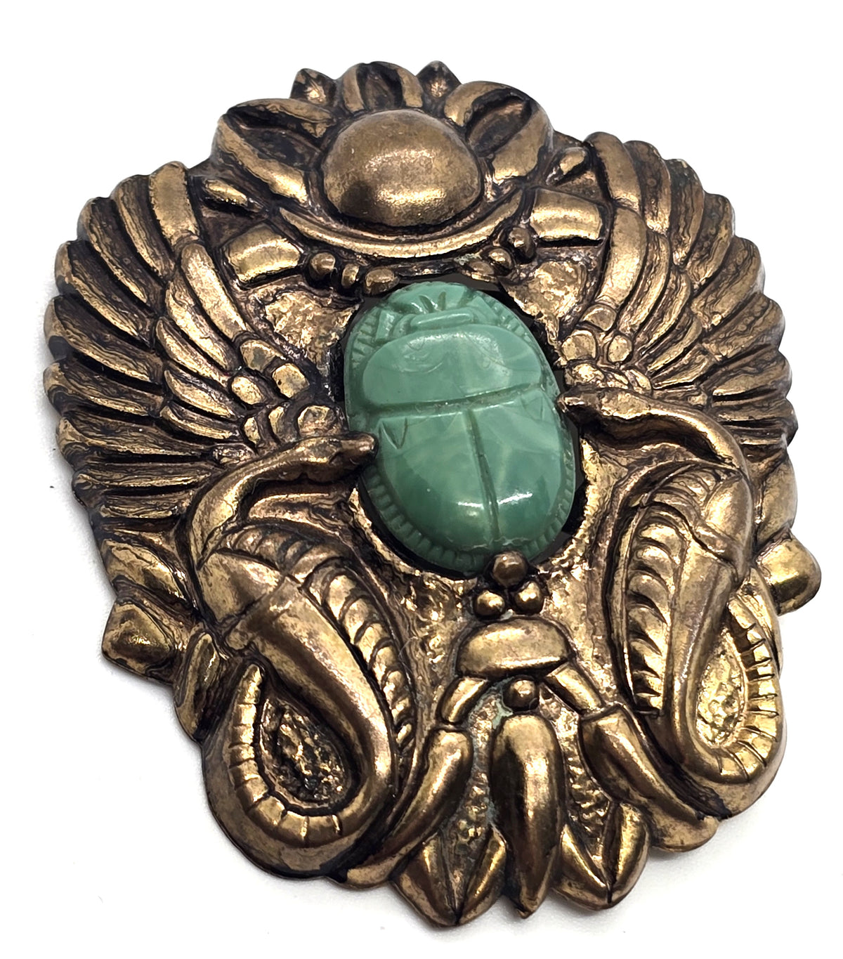 Art Deco Egyptian Revival Green vintage scarab pressed brass brooch