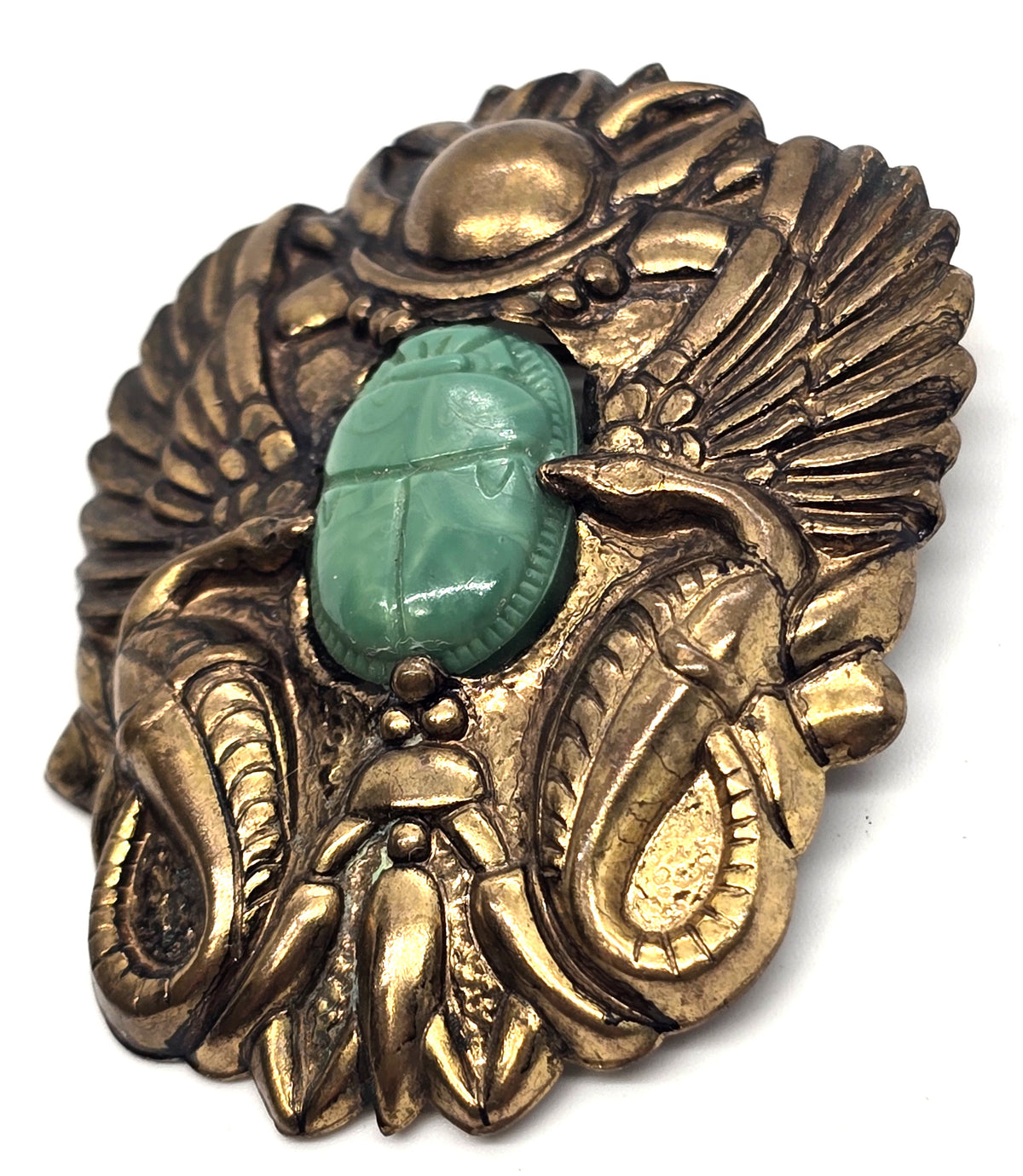 Art Deco Egyptian Revival Green vintage scarab pressed brass brooch