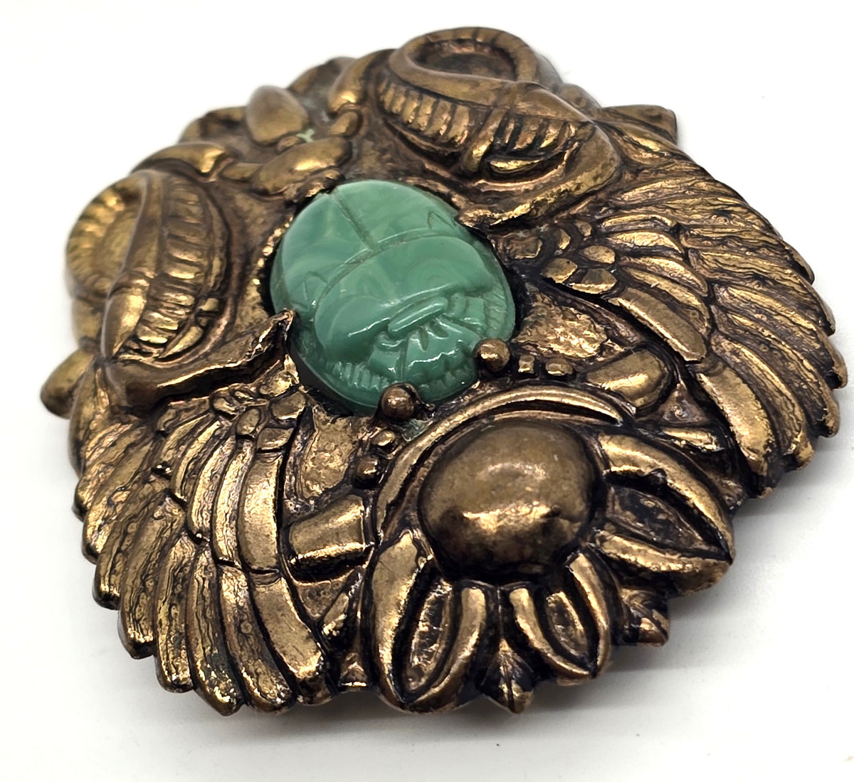 Art Deco Egyptian Revival Green vintage scarab pressed brass brooch