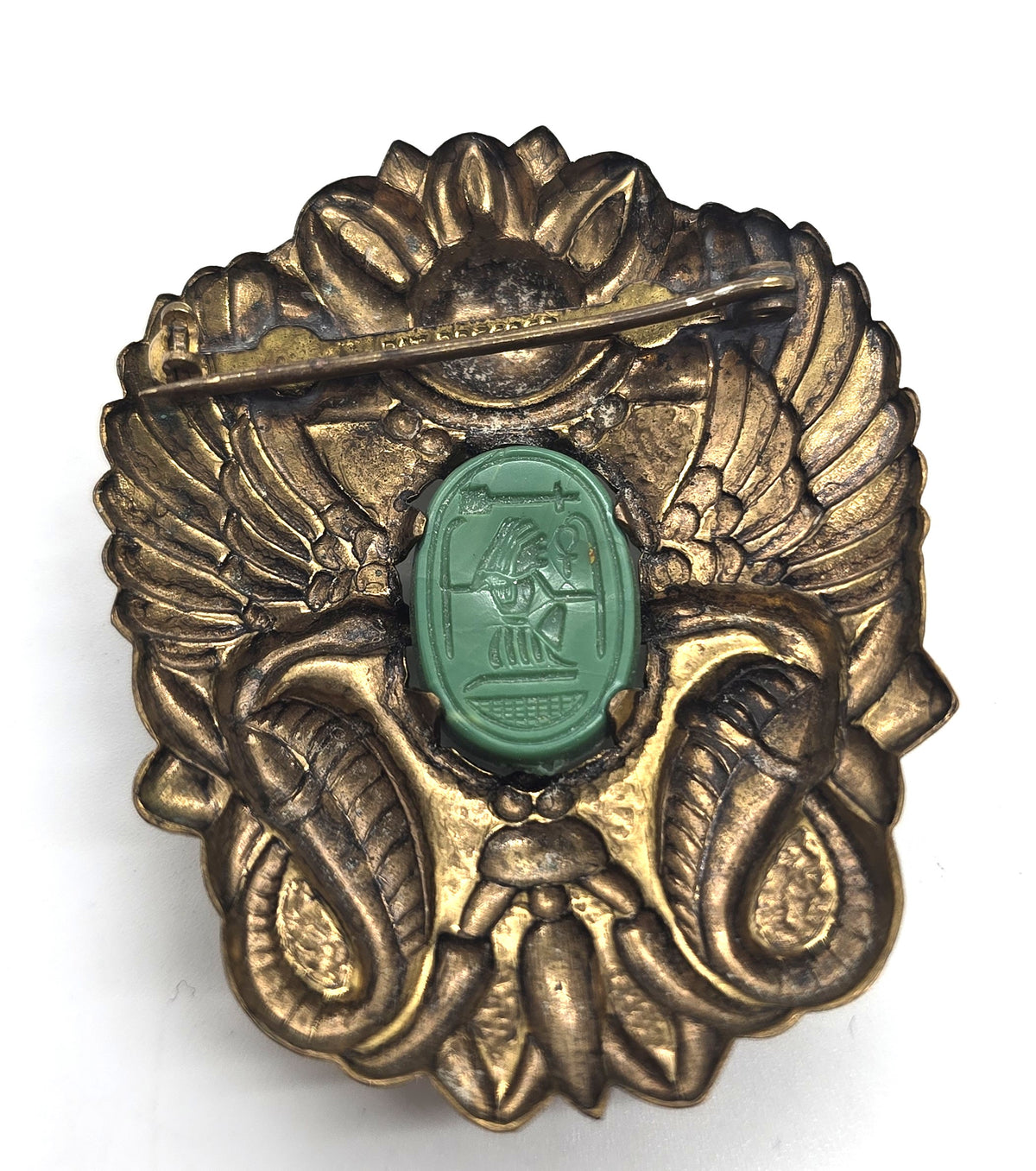 Art Deco Egyptian Revival Green vintage scarab pressed brass brooch