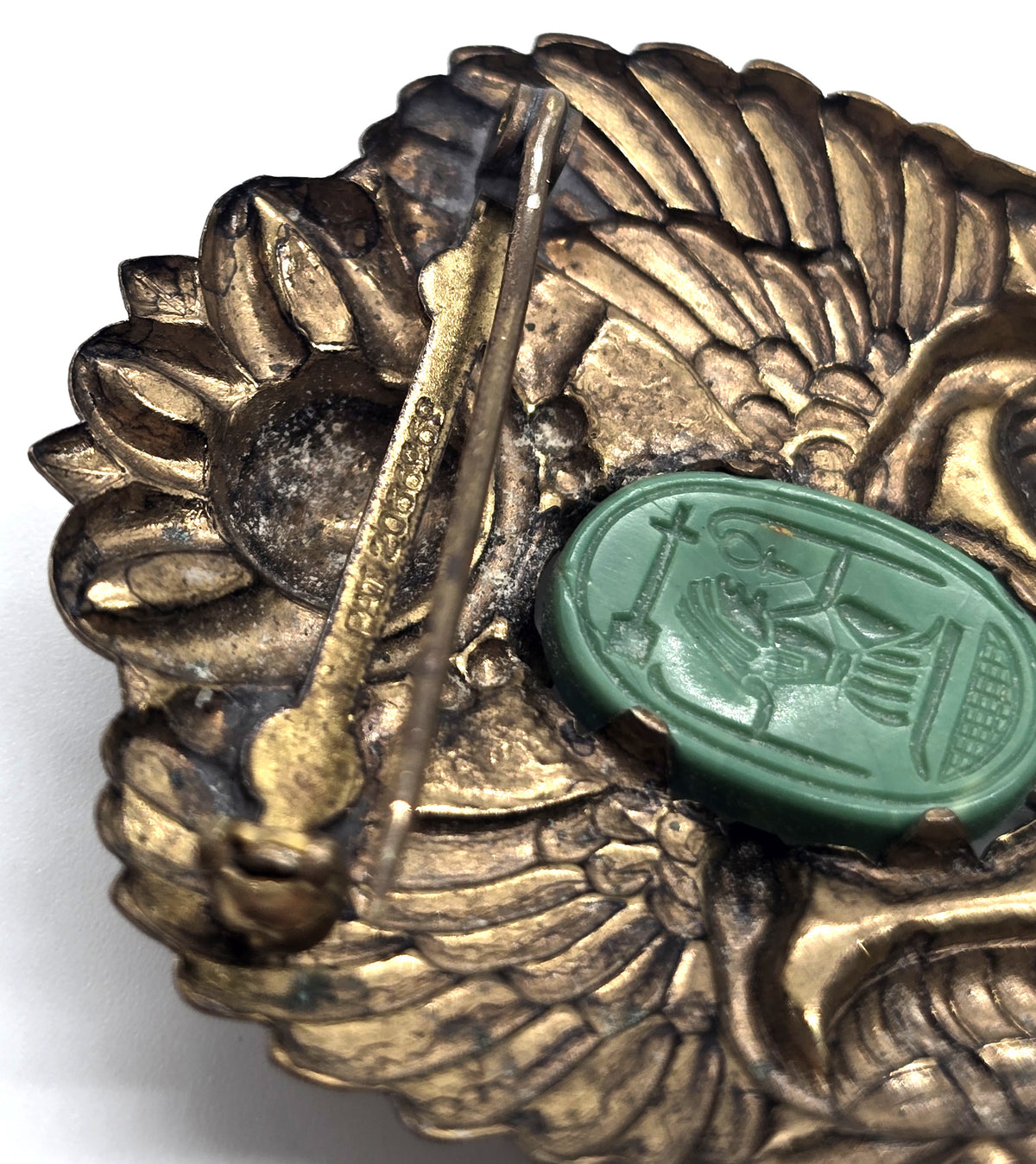 Art Deco Egyptian Revival Green vintage scarab pressed brass brooch
