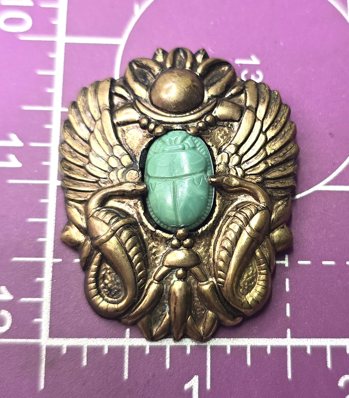 Art Deco Egyptian Revival Green vintage scarab pressed brass brooch