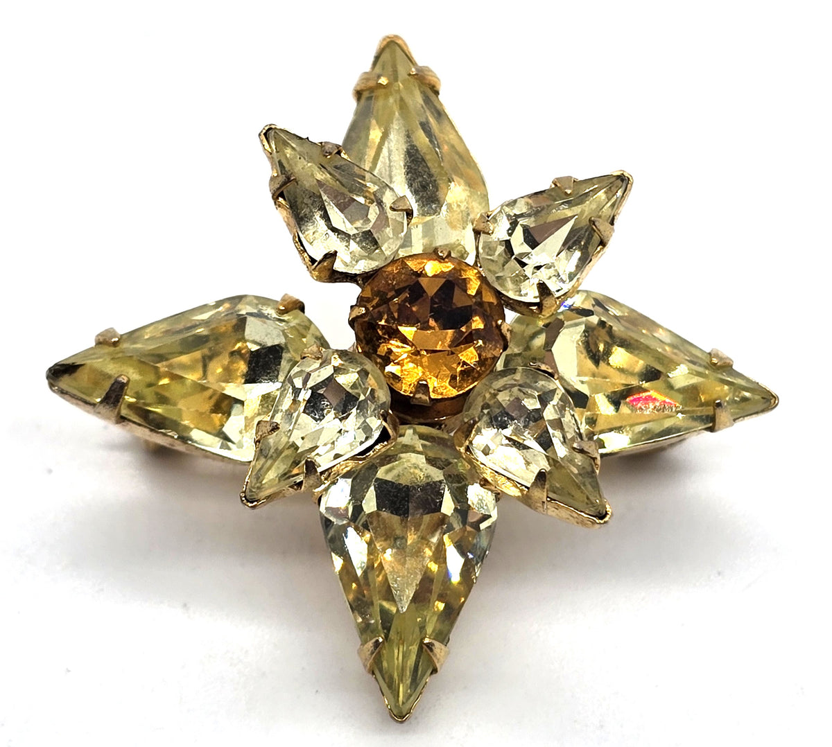 Jonquil yellow rhinestone flower & orange center vintage rhinestone brooch