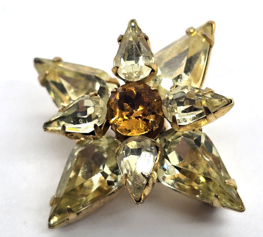 Jonquil yellow rhinestone flower & orange center vintage rhinestone brooch