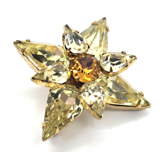 Jonquil yellow rhinestone flower & orange center vintage rhinestone brooch