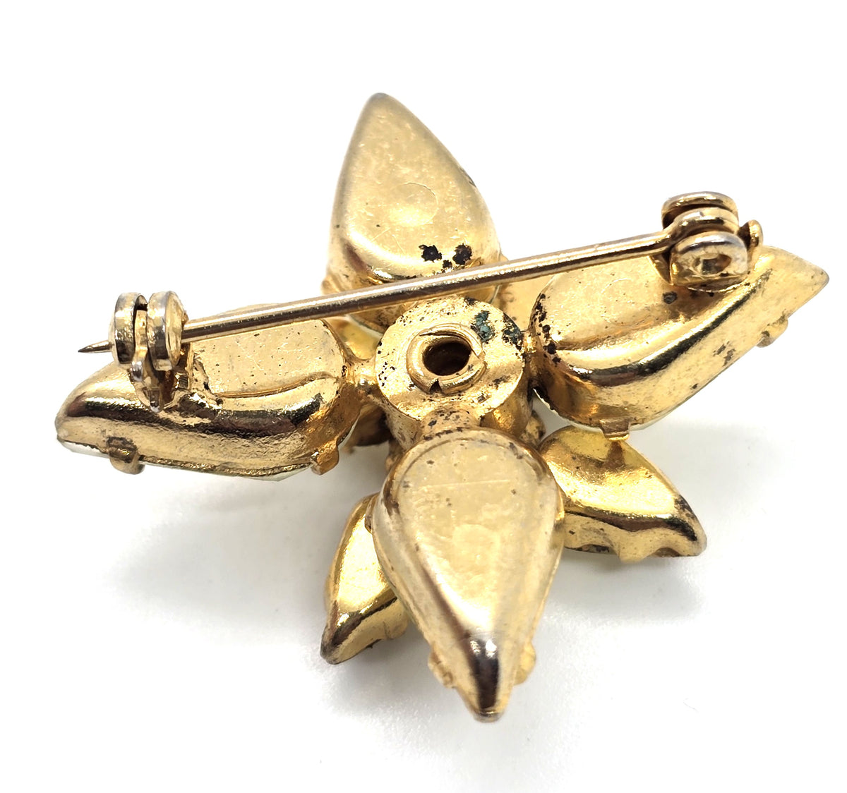 Jonquil yellow rhinestone flower & orange center vintage rhinestone brooch