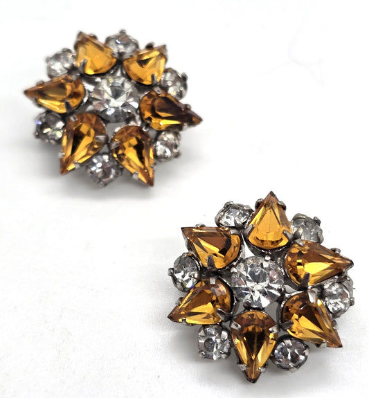 Orange rhinestone flower MCM vintage pair of two brooches