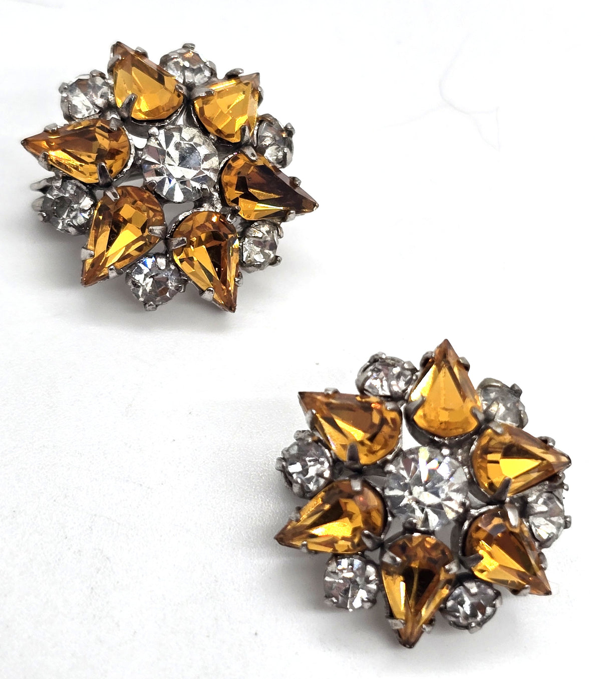 Orange rhinestone flower MCM vintage pair of two brooches