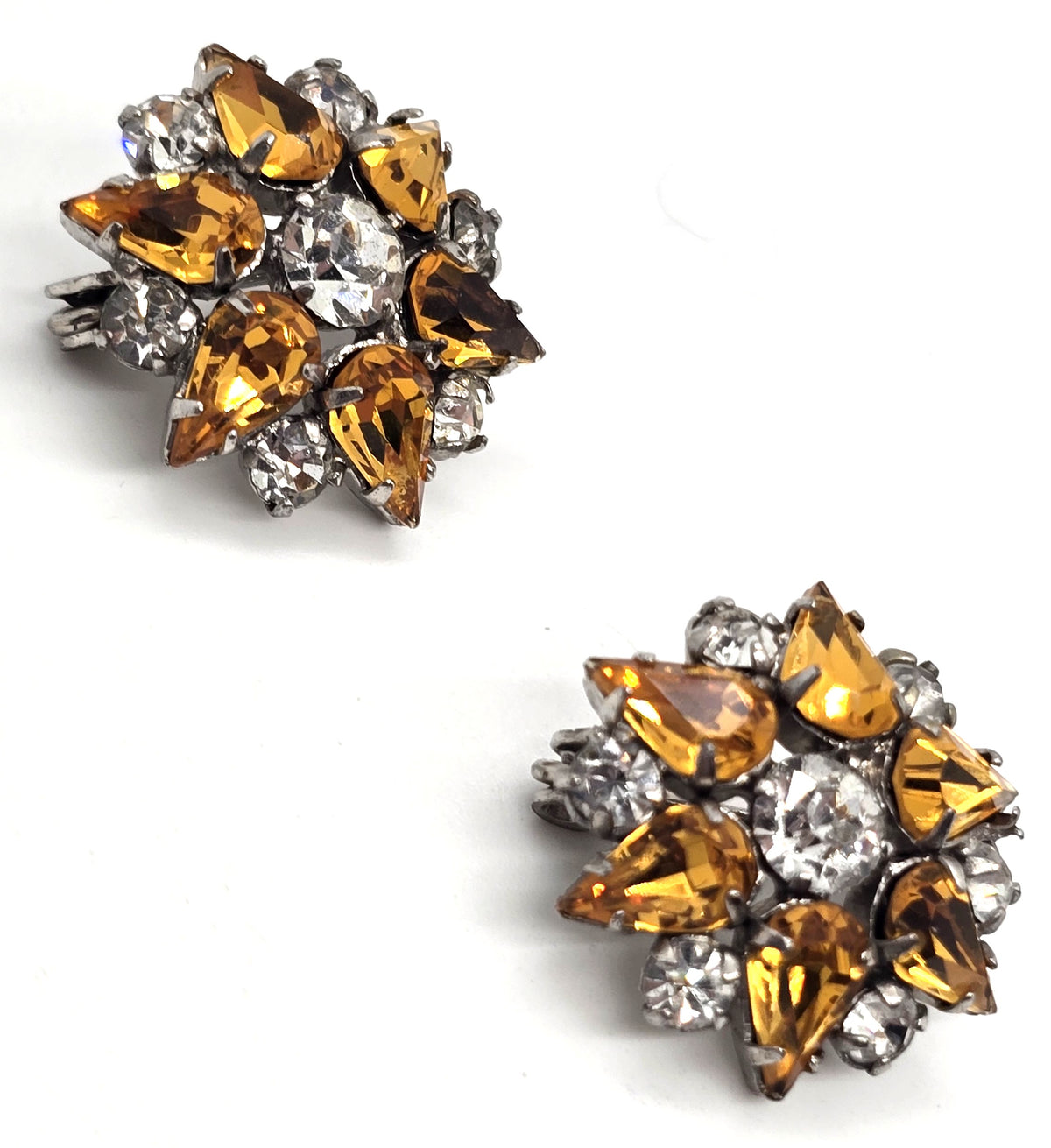 Orange rhinestone flower MCM vintage pair of two brooches