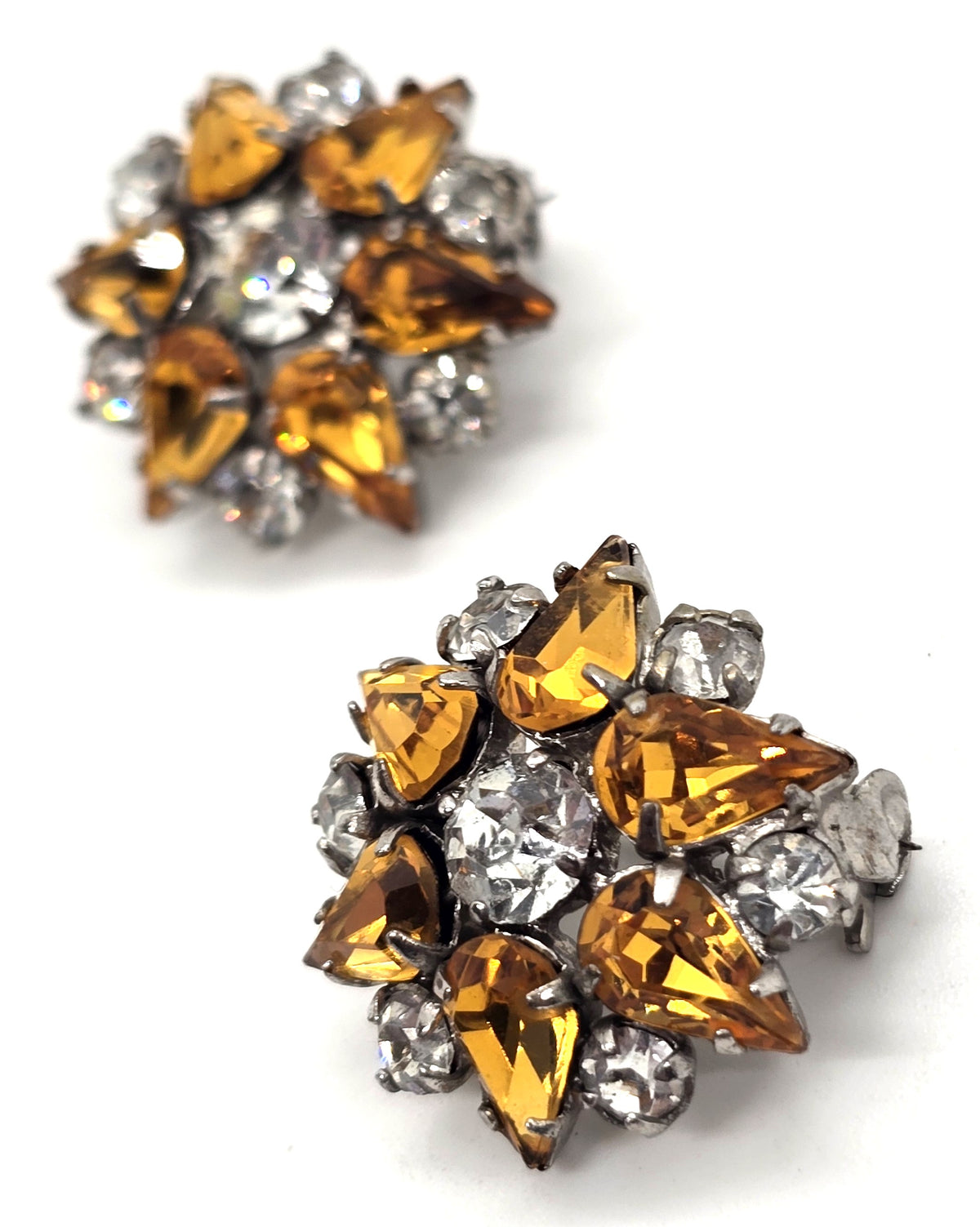 Orange rhinestone flower MCM vintage pair of two brooches