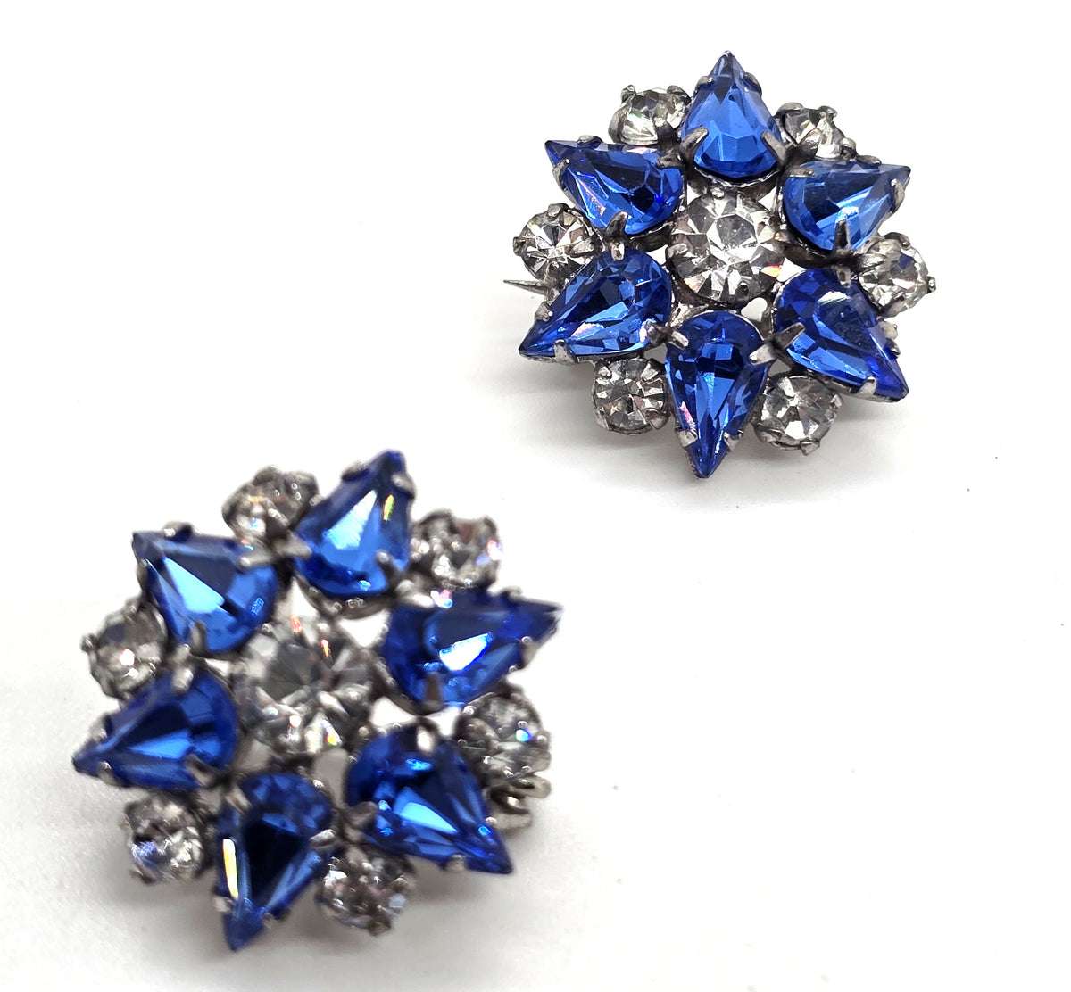 Blue rhinestone flower MCM vintage pair of two brooches