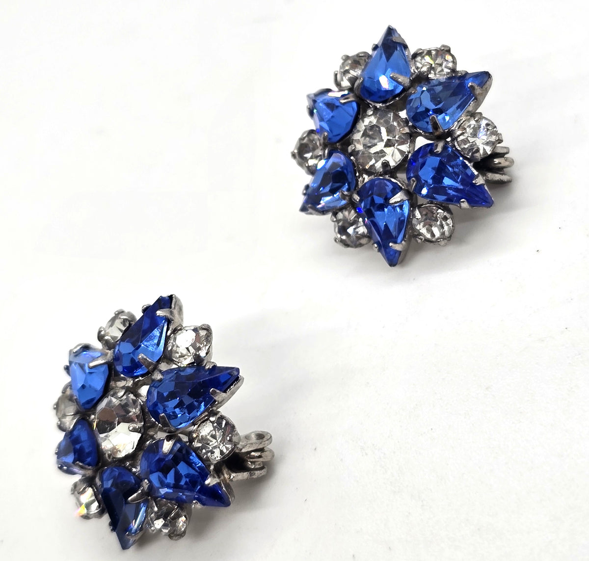 Blue rhinestone flower MCM vintage pair of two brooches