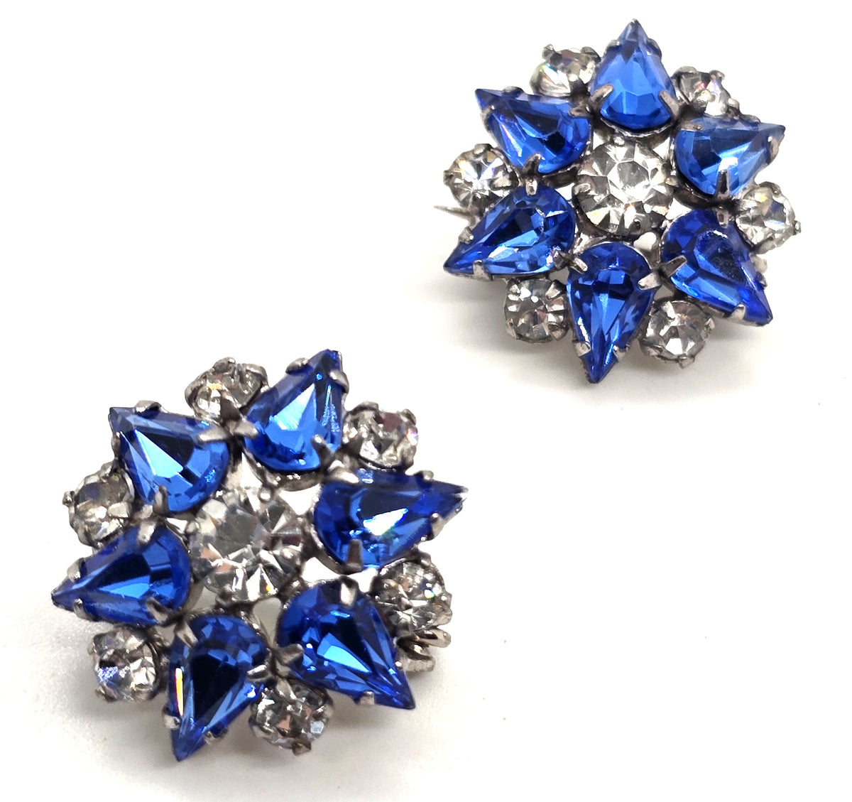 Blue rhinestone flower MCM vintage pair of two brooches