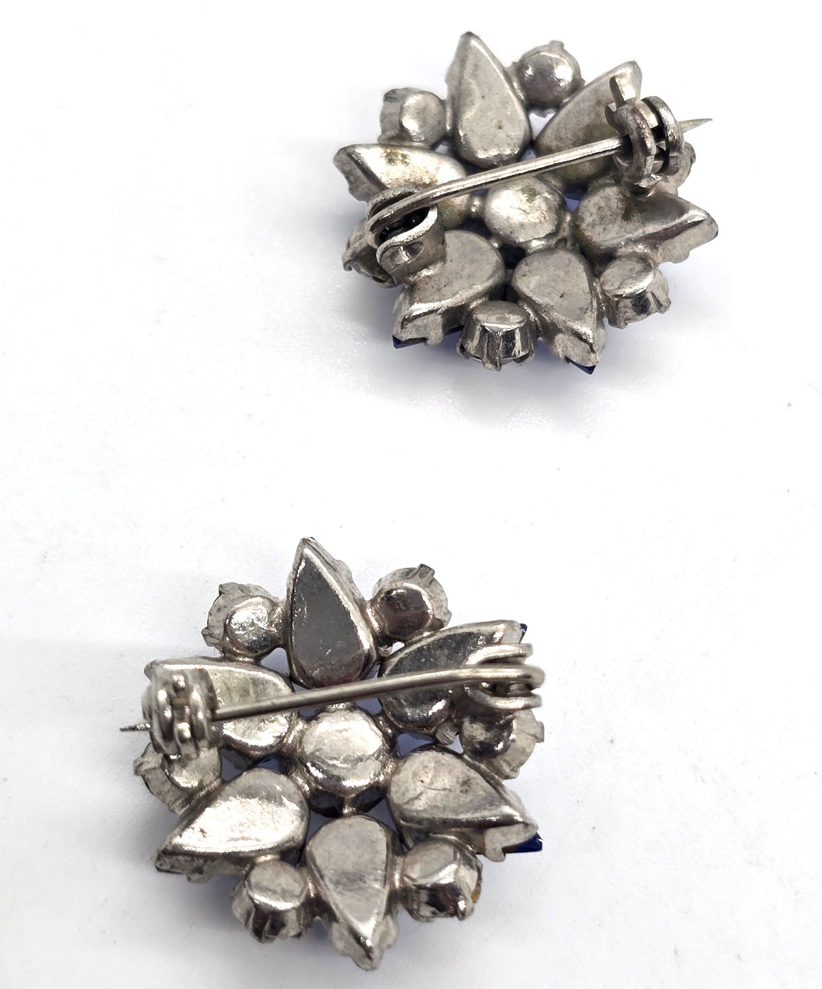 Blue rhinestone flower MCM vintage pair of two brooches