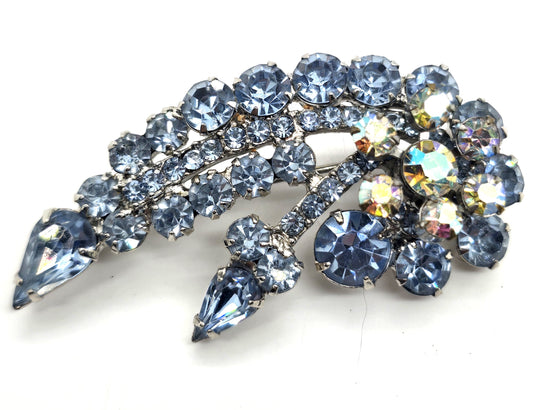 Baby blue aurora borealis flower rhinestone vintage brooch mid century