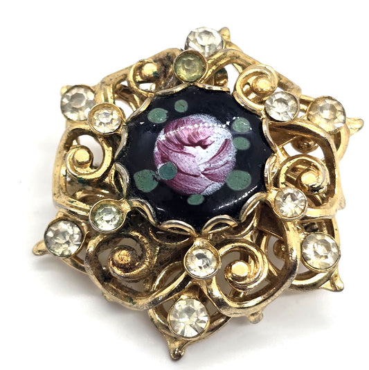 Pink rose black enamel mid century vintage rhinestone layered brooch
