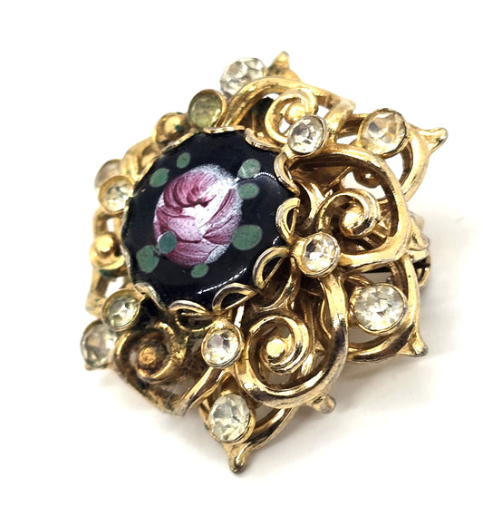 Pink rose black enamel mid century vintage rhinestone layered brooch