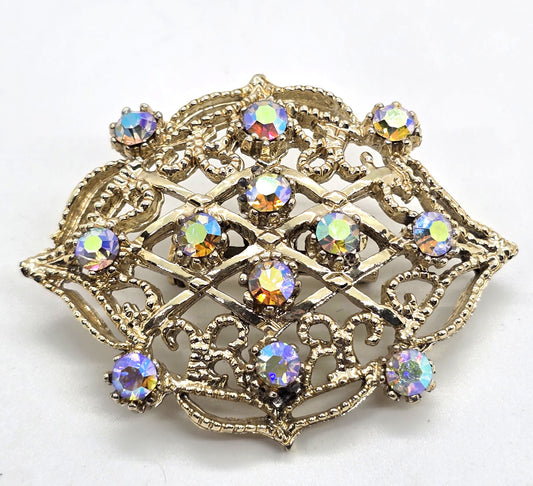 Rainbow Aurora Borealis AB bright eye gold toned vintage rhinestone brooch