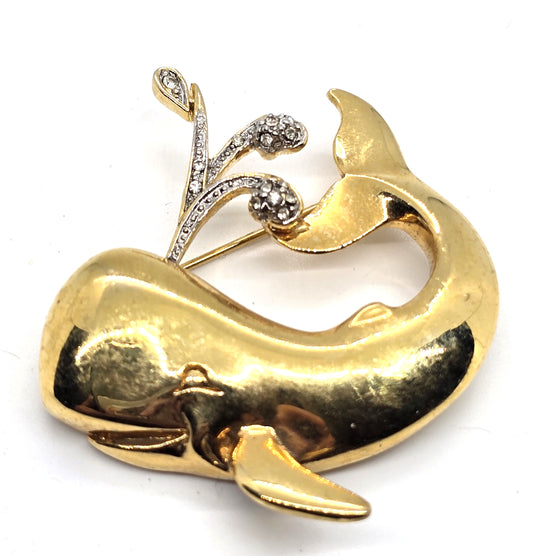 Whale figural pave rhinestone gold toned vintage figural brooch