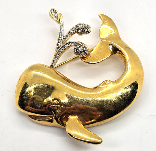 Whale figural pave rhinestone gold toned vintage figural brooch