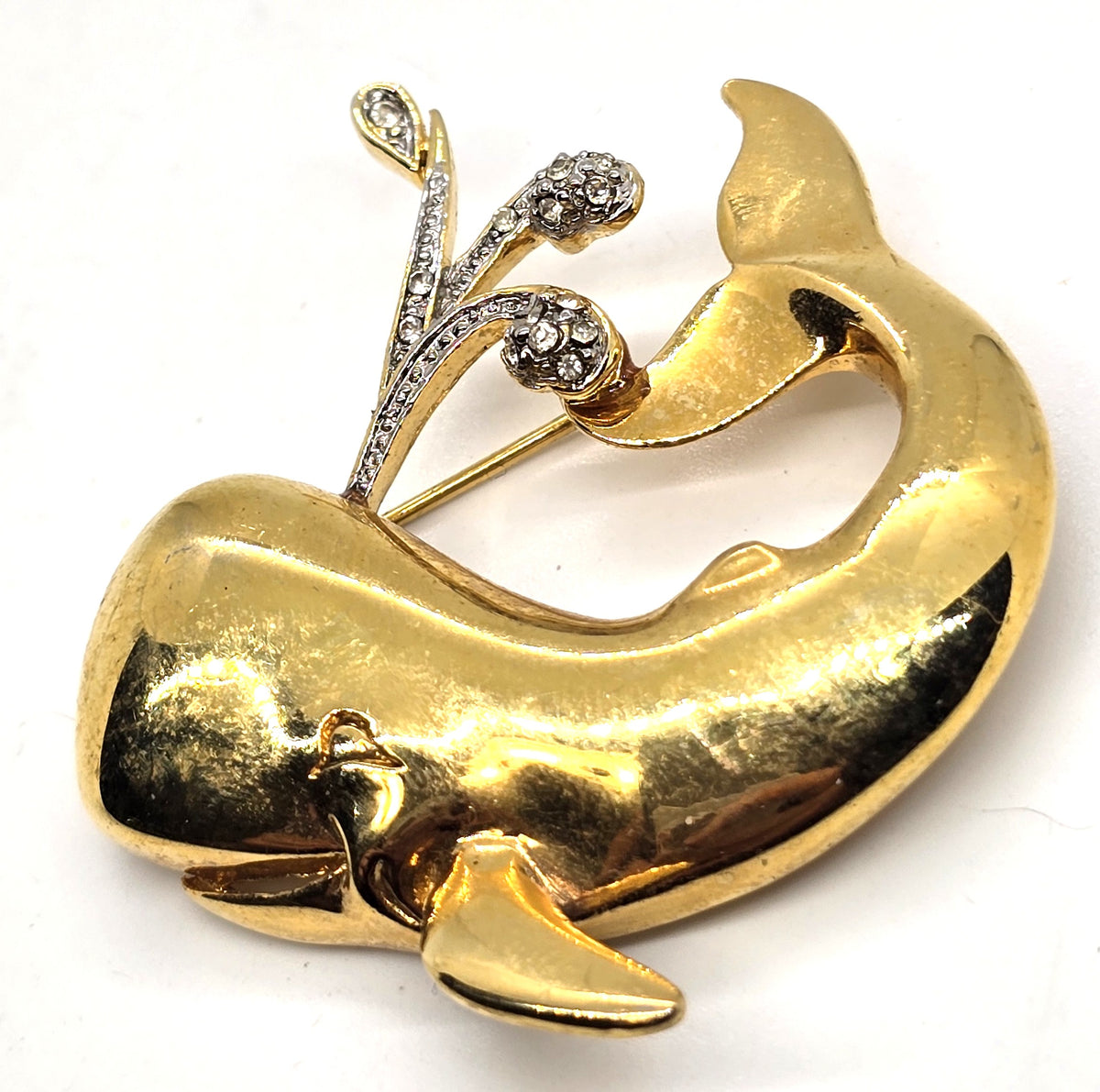 Whale figural pave rhinestone gold toned vintage figural brooch