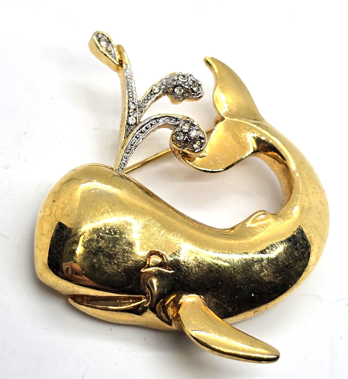 Whale figural pave rhinestone gold toned vintage figural brooch