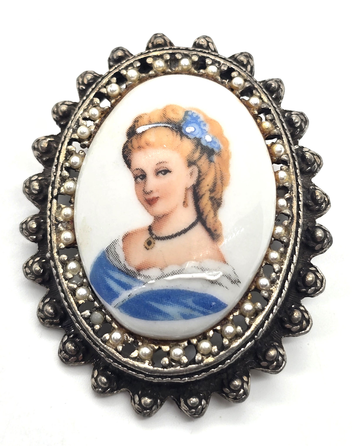 Limoges Made in France Painted Porcelain Cameo Lady in Blue vintage pendant brooch