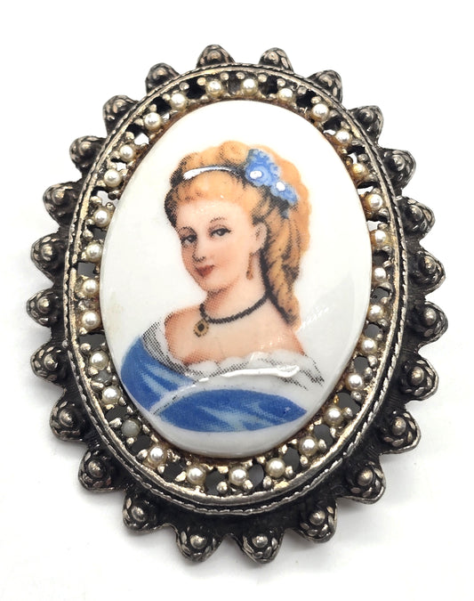 Limoges Made in France Painted Porcelain Cameo Lady in Blue vintage pendant brooch