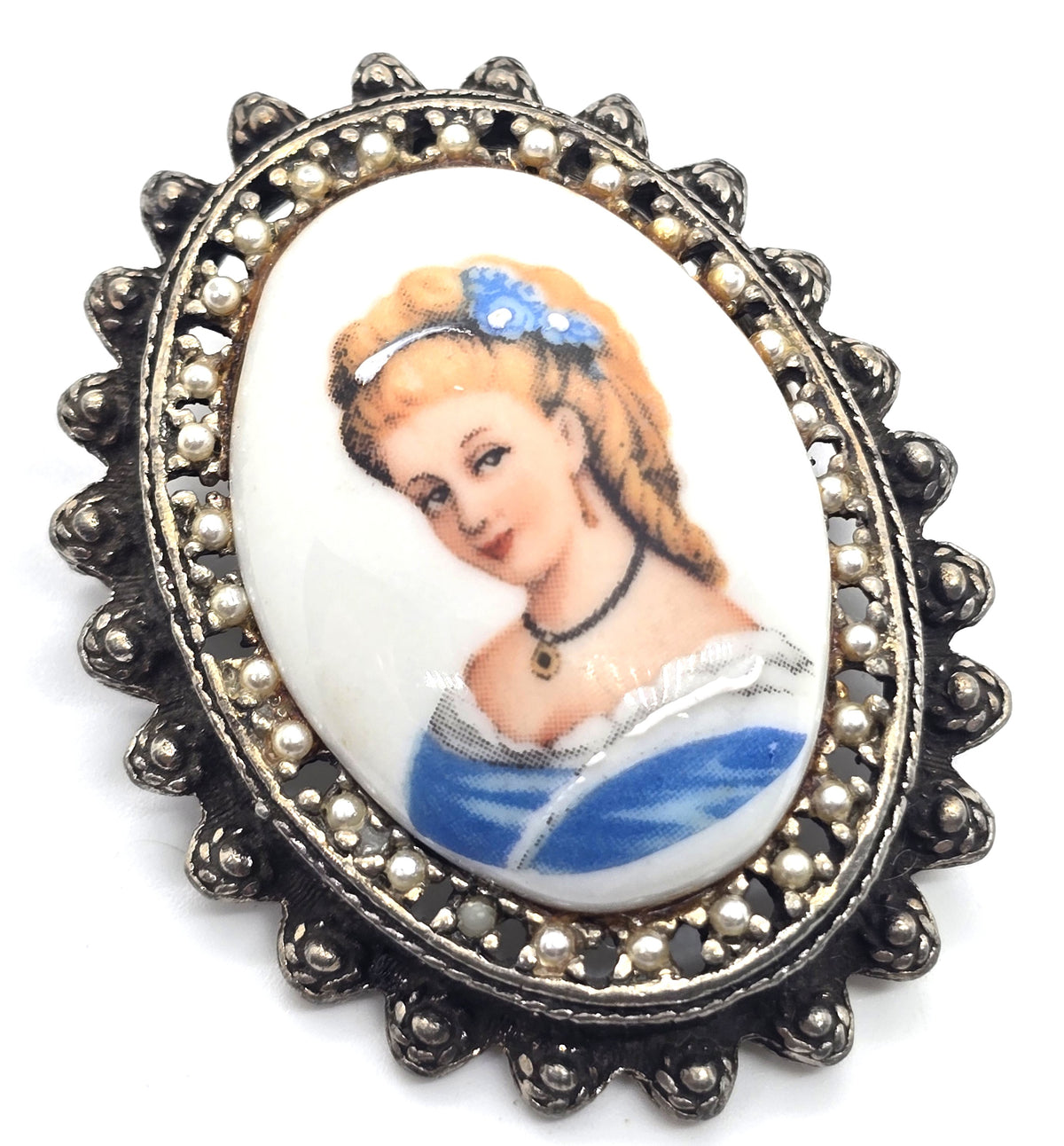 Limoges Made in France Painted Porcelain Cameo Lady in Blue vintage pendant brooch