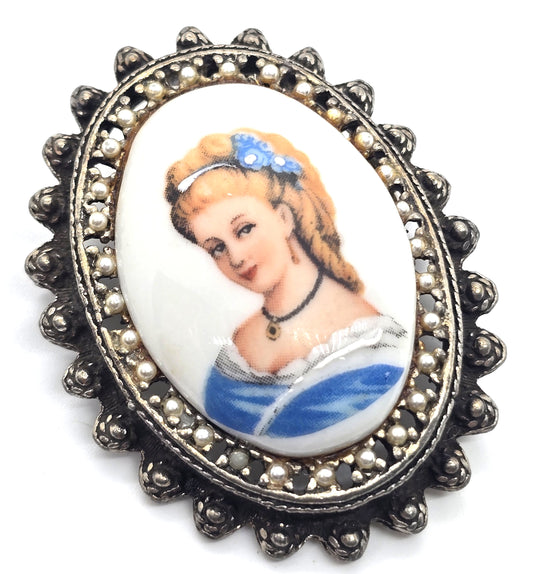 Limoges Made in France Painted Porcelain Cameo Lady in Blue vintage pendant brooch