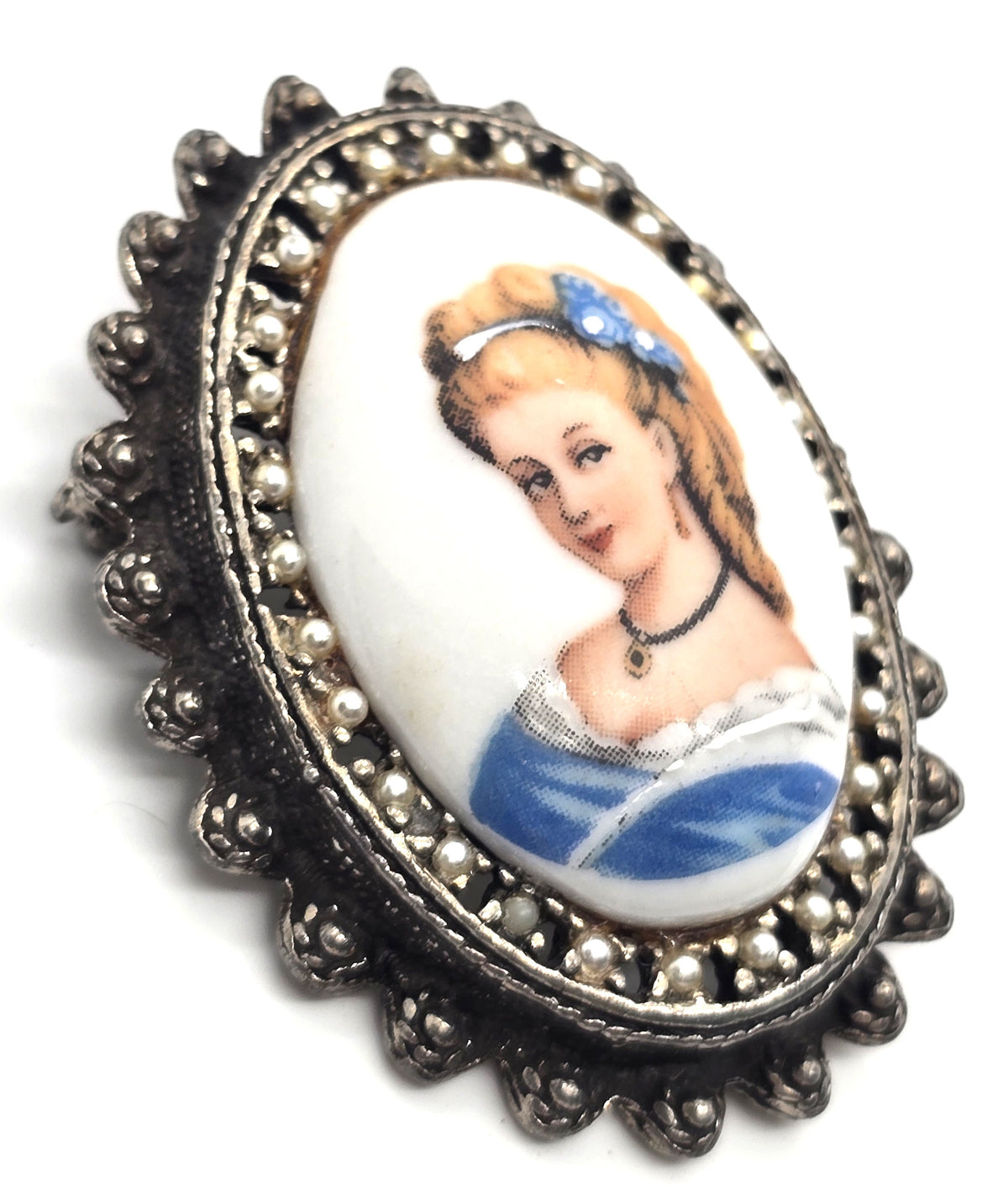 Limoges Made in France Painted Porcelain Cameo Lady in Blue vintage pendant brooch