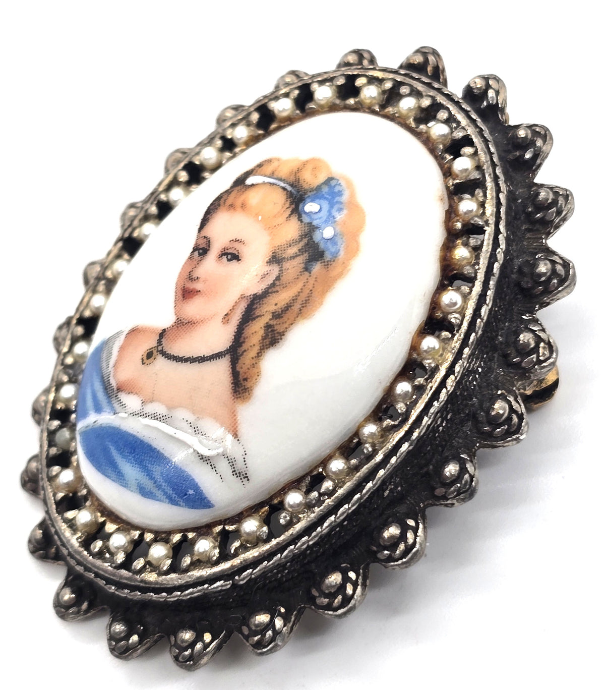 Limoges Made in France Painted Porcelain Cameo Lady in Blue vintage pendant brooch