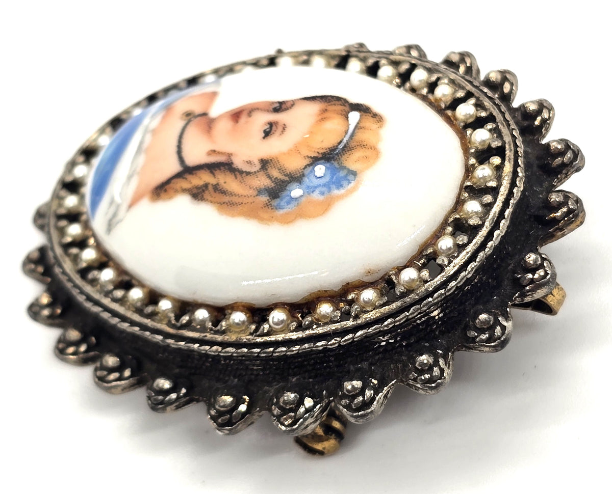 Limoges Made in France Painted Porcelain Cameo Lady in Blue vintage pendant brooch