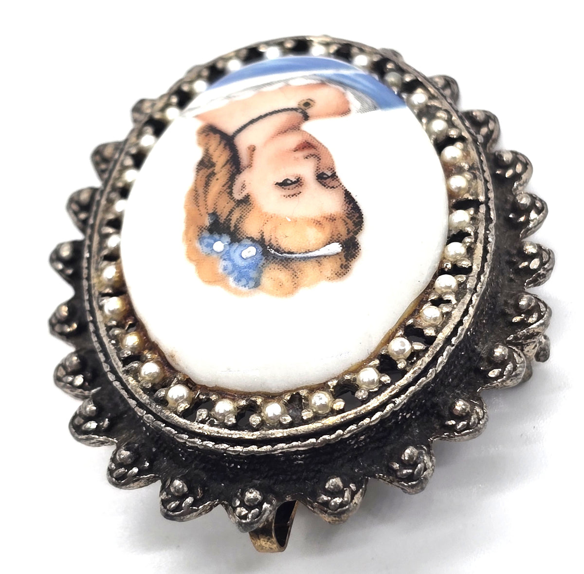 Limoges Made in France Painted Porcelain Cameo Lady in Blue vintage pendant brooch