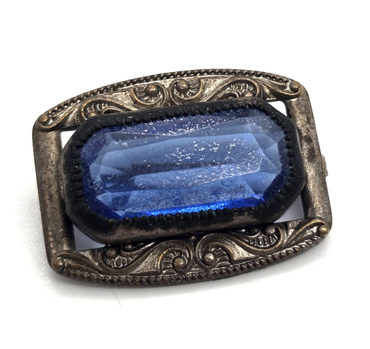 Victorian cobalt glass stamped brass antique faceted Czech glass brooch pin