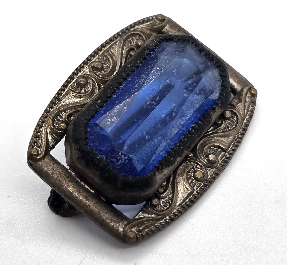 Victorian cobalt glass stamped brass antique faceted Czech glass brooch pin
