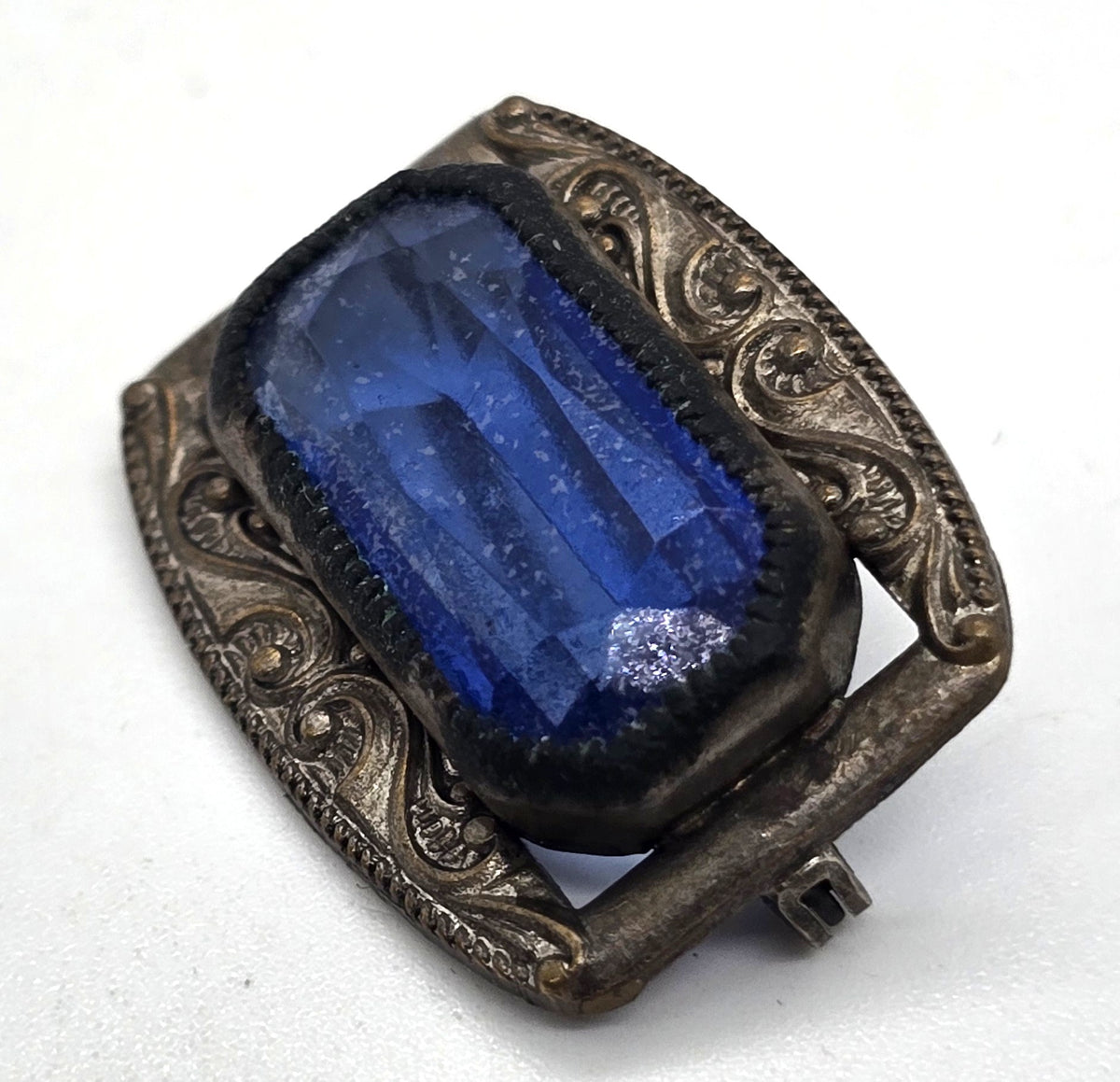 Victorian cobalt glass stamped brass antique faceted Czech glass brooch pin