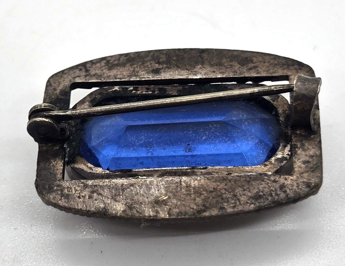 Victorian cobalt glass stamped brass antique faceted Czech glass brooch pin