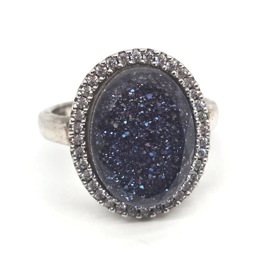 Purple Aura druzy Doublet Quartz filigree sterling silver designer ring size 9