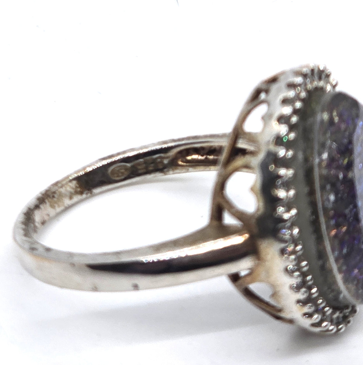 Purple Aura druzy Doublet Quartz filigree sterling silver designer ring size 9