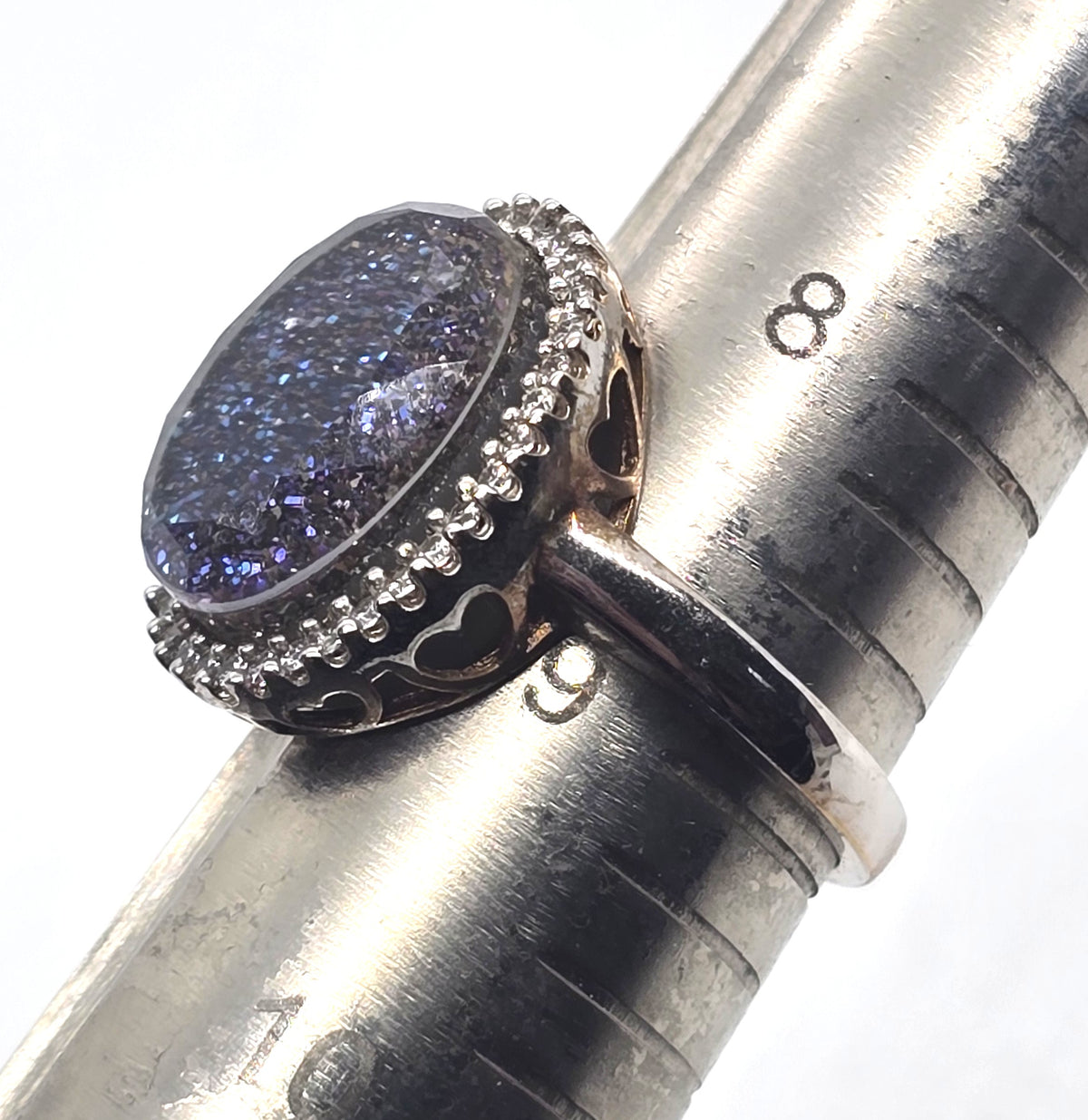 Purple Aura druzy Doublet Quartz filigree sterling silver designer ring size 9