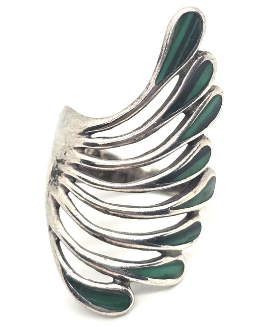 Malachite gemstone inlay feather fan vintage sterling silver ring size 8