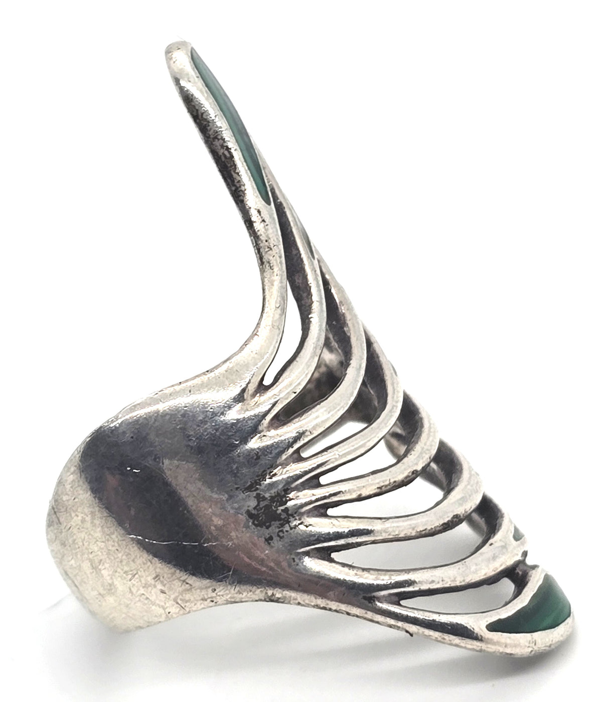 Malachite gemstone inlay feather fan vintage sterling silver ring size 8