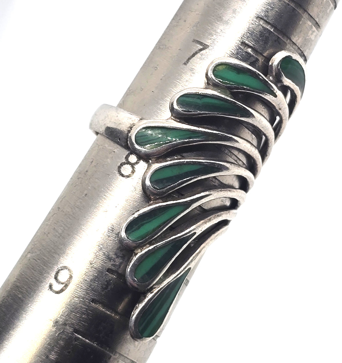 Malachite gemstone inlay feather fan vintage sterling silver ring size 8