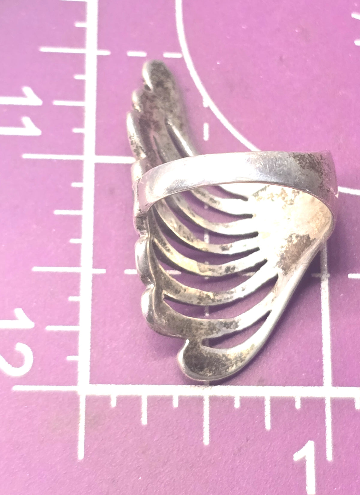 Malachite gemstone inlay feather fan vintage sterling silver ring size 8