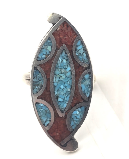 Southwestern crushed turquoise red coral vintage sterling silver ring size 5.25