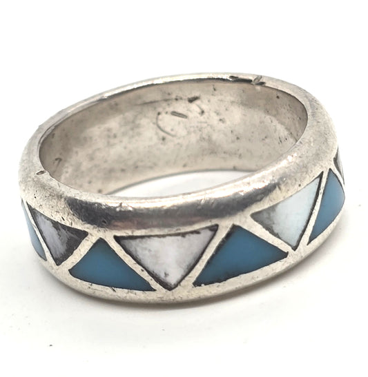 Gemstone Inlay Mother of Pearl Turquoise Chevron Sterling Silver ring band size 8